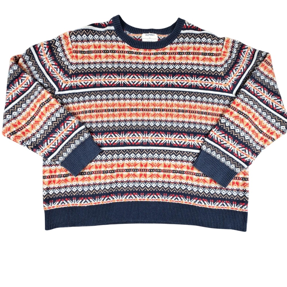 Old Navy Fair Isle Sweater Mens XXL Navy Blue Orange Cotton Blend Pullover